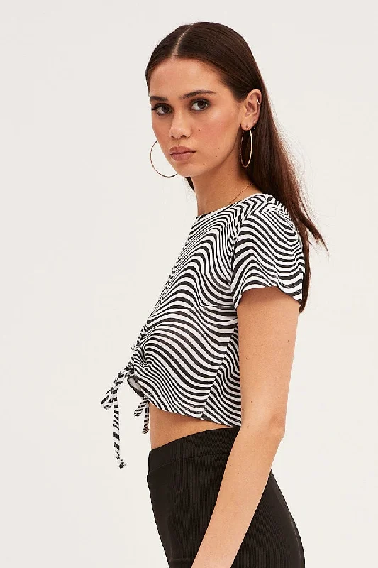 Abstract Print Abstract T-Shirt Drawstring Crew Neck Crop