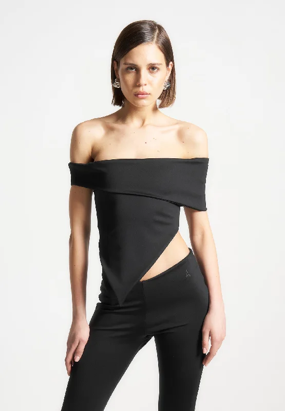 Angled Hem Bardot Top - Black