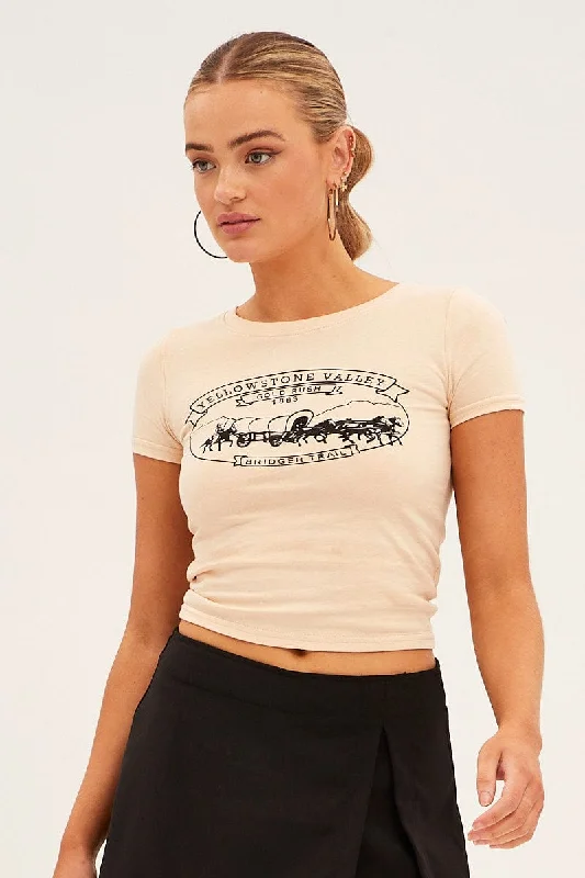 Beige Jersey Short Sleeve Graphic Crop Tee