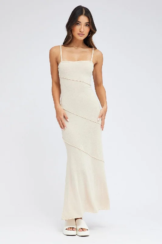 Beige Midi Dress Square Neck Jersey