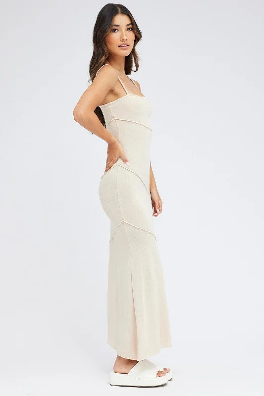 Beige Midi Dress Square Neck Jersey