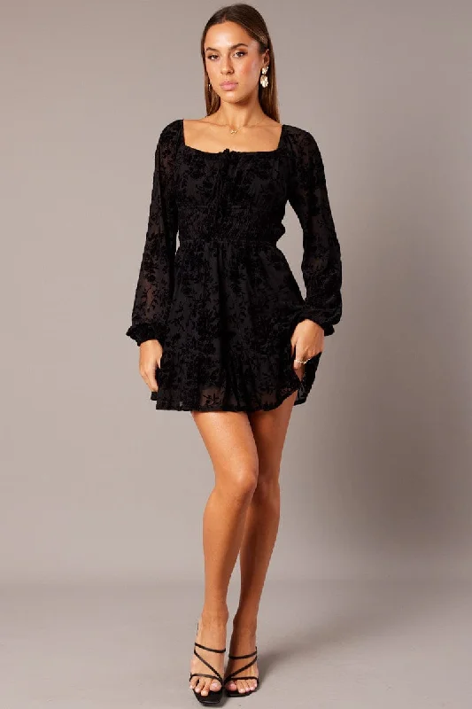 Black Fit and Flare Dress Long Sleeve Burn Out