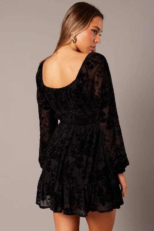 Black Fit and Flare Dress Long Sleeve Burn Out