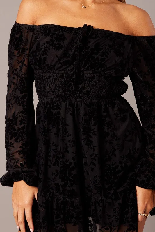 Black Fit and Flare Dress Long Sleeve Burn Out