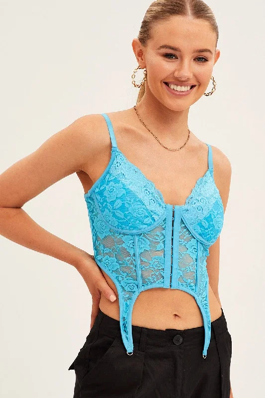 Blue Corset Top Sleeveless Sweetheart Crop Garter Lace