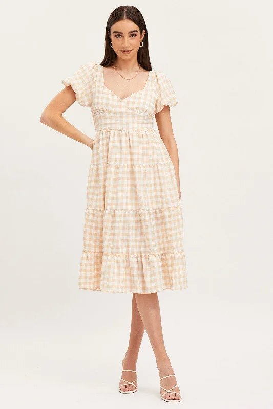 Check Midi Dress Short Sleeve Evening