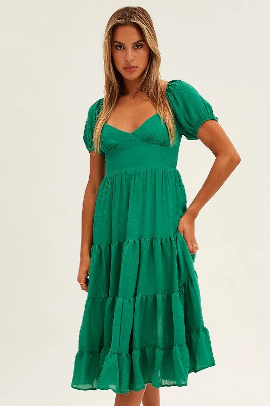 Green Midi Dress Short Sleeve V-Neck