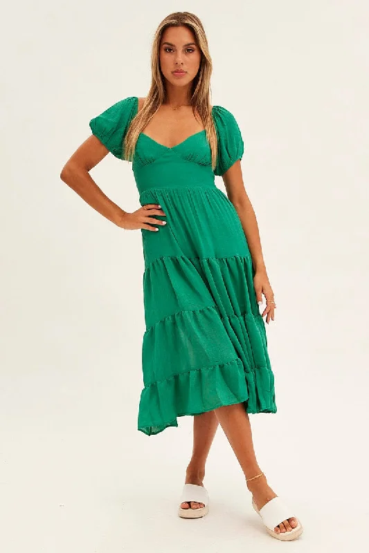 Green Midi Dress Short Sleeve V-Neck