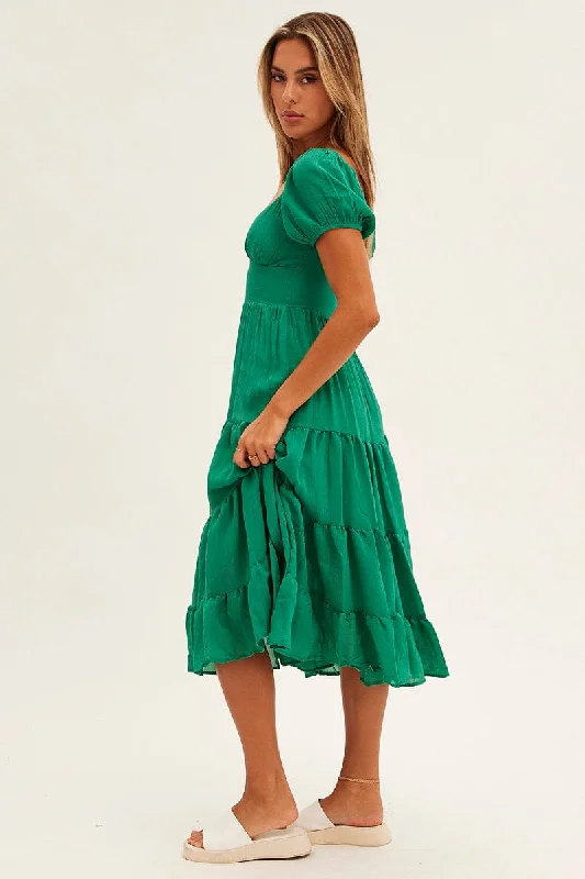 Green Midi Dress Short Sleeve V-Neck