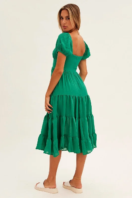 Green Midi Dress Short Sleeve V-Neck