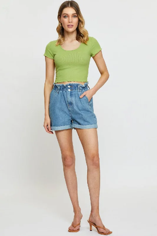 Green T Shirt Short Sleeve Crop Crew Neck