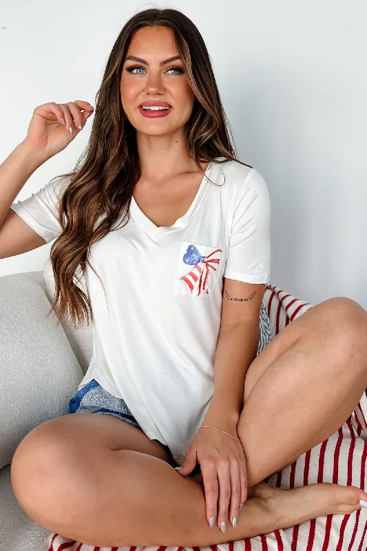 Patriotic Cutie V-Neck Pocket Graphic Tee (Ivory) - Print On Demand