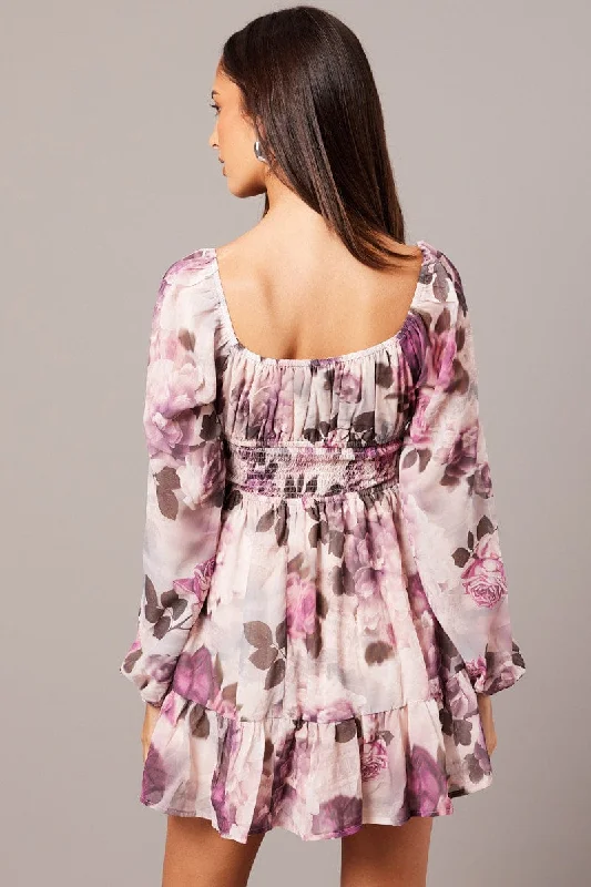 Pink Floral Fit and Flare Dress Long Sleeve Ruched Bust