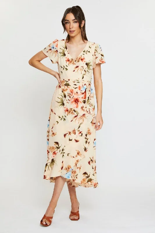 Print Midi Dress Short Sleeve V Neck