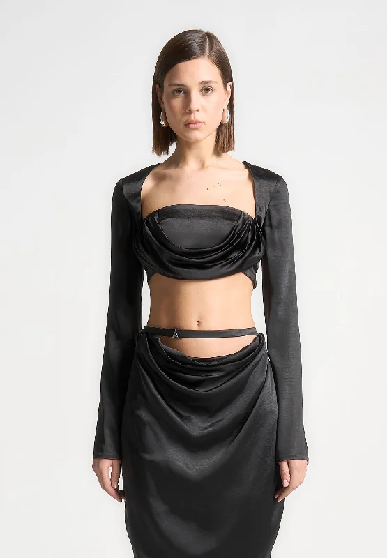 Satin Drape Bandeau Bolero Top - Black