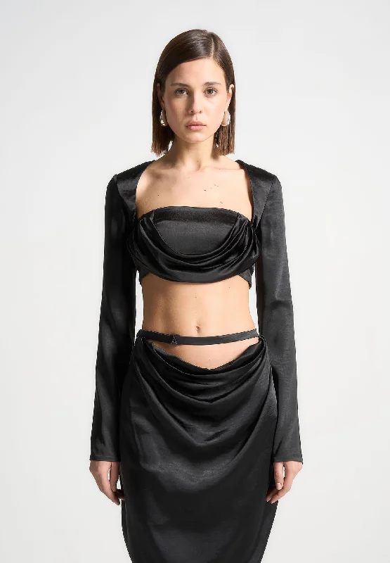 Satin Drape Bandeau Bolero Top - Black