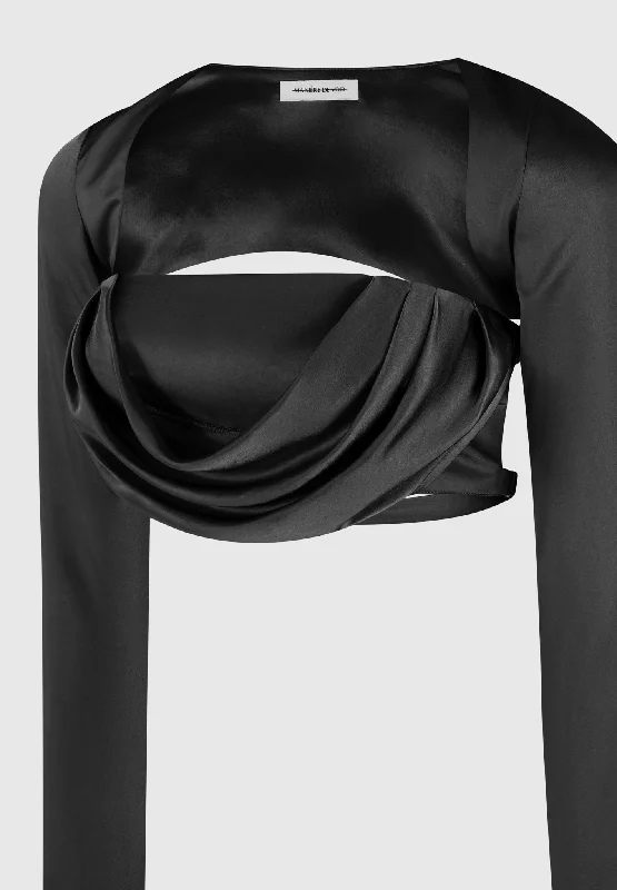 Satin Drape Bandeau Bolero Top - Black