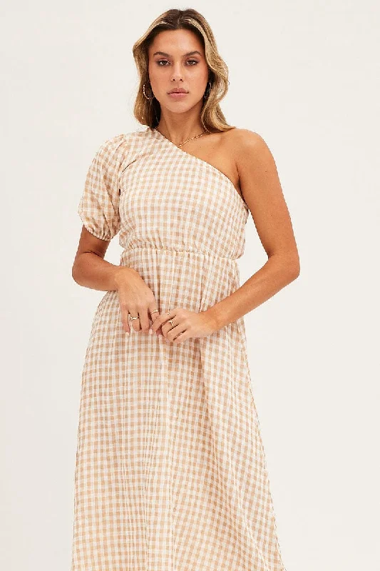 Stripe Check One Shoulder Midi Dress