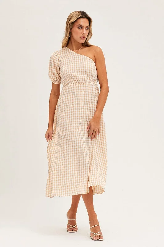 Stripe Check One Shoulder Midi Dress