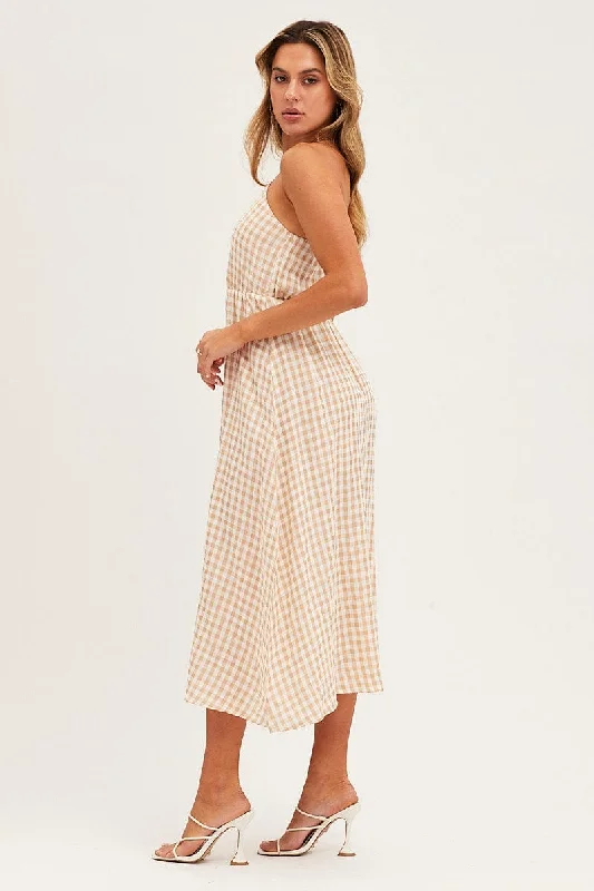 Stripe Check One Shoulder Midi Dress