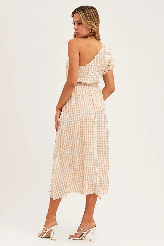 Stripe Check One Shoulder Midi Dress