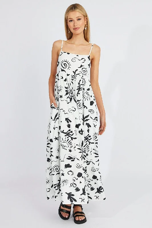 White Abstract Maxi Dress Strappy Tiered