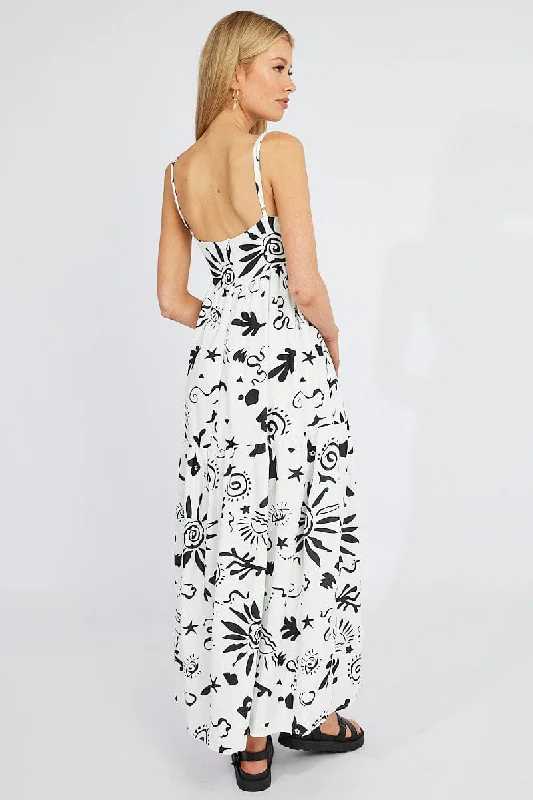 White Abstract Maxi Dress Strappy Tiered