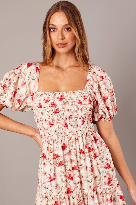 White Floral Midi Dress Puff Sleeve Shirred Bust