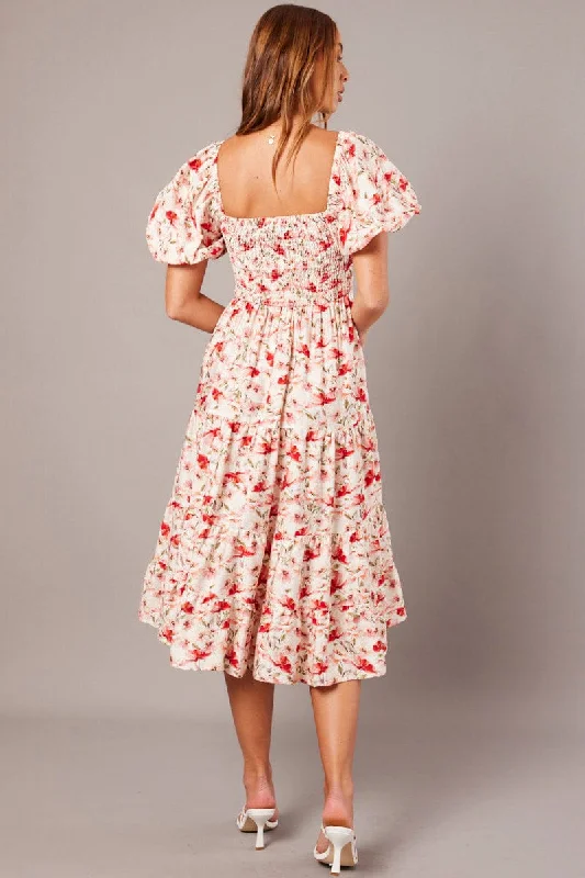 White Floral Midi Dress Puff Sleeve Shirred Bust