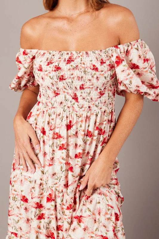 White Floral Midi Dress Puff Sleeve Shirred Bust