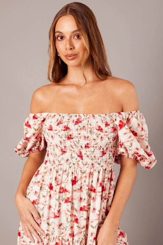 White Floral Midi Dress Puff Sleeve Shirred Bust