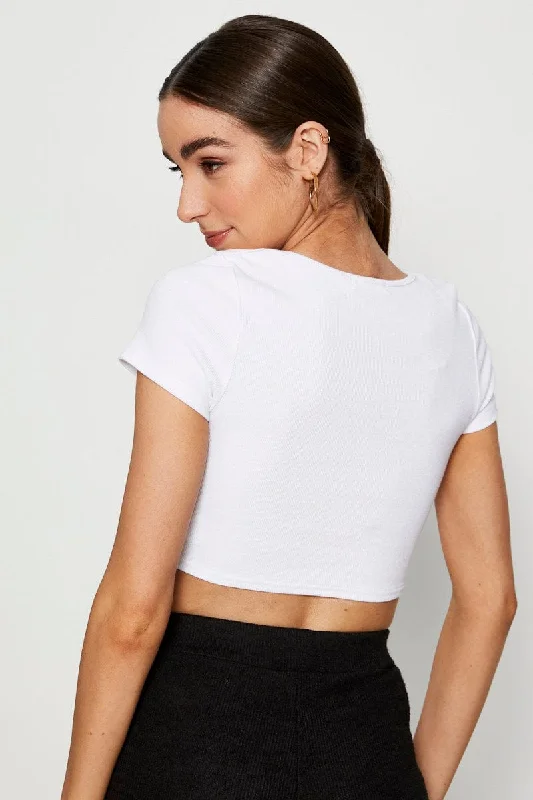 White T Shirt Short Sleeve Crop Round Neck