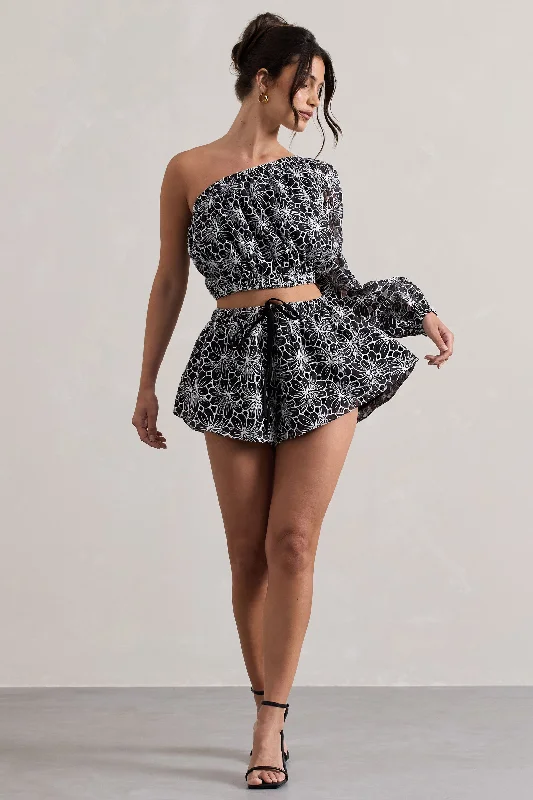 At Last | Black Lace Tie Waist Shorts