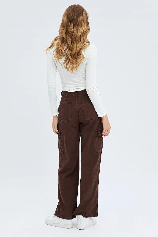 Brown Cargo Denim Jeans High rise