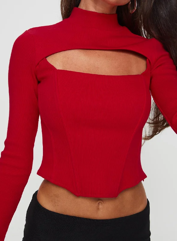 Cathey Long Sleeve Corset Top Red