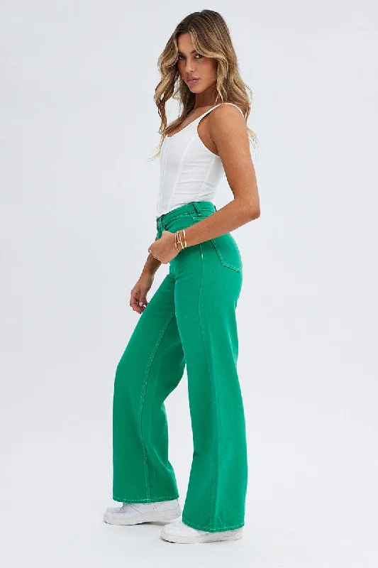 Green Wide Leg Jeans Mid Rise