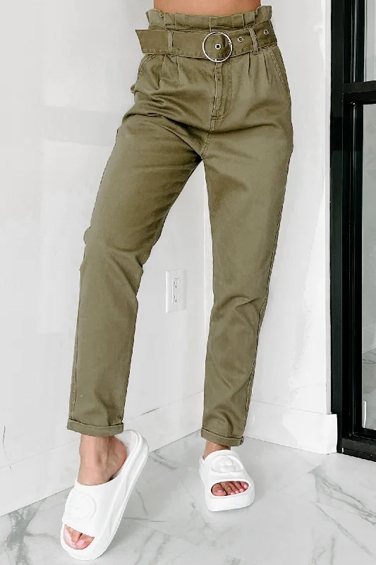 Leading The Pack Belted Paperbag Waist Pants (Olive)