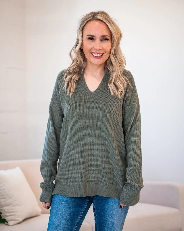 Whitney Baby Waffle Split Neck Sweater - Olive FINAL SALE