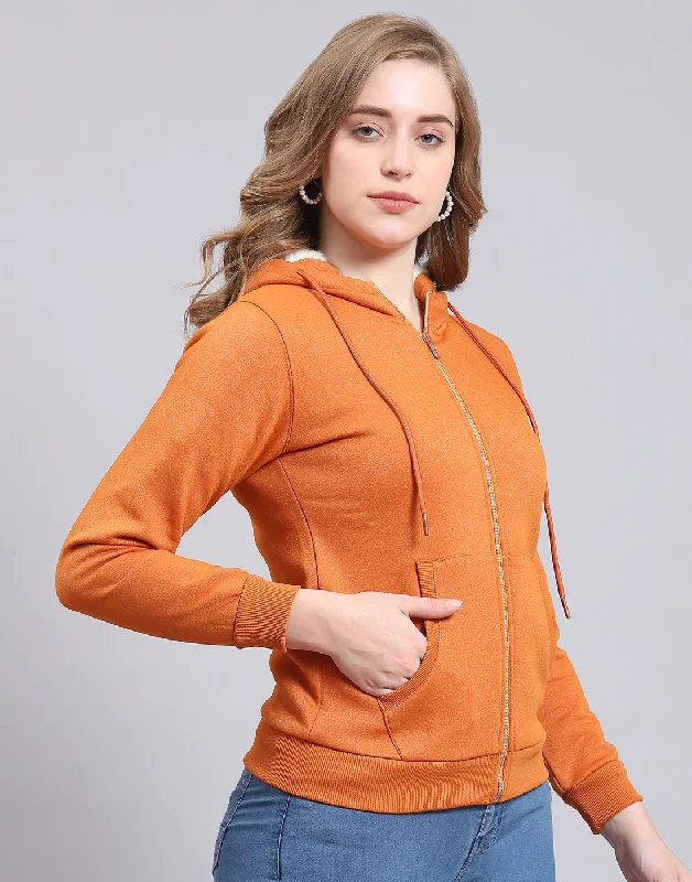 Women Rust Solid Hooded Full Sleeve Sweatshirt