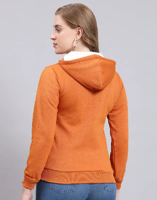 Women Rust Solid Hooded Full Sleeve Sweatshirt