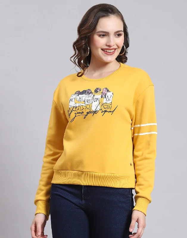 Women Yellow Printed Round Neck Full Sleeve Sweatshirt