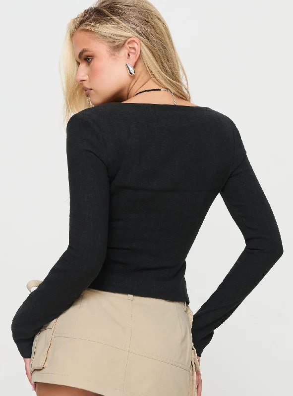 Zenda Linen Blend Long Sleeve Top Black